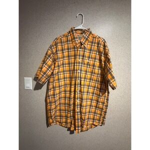 Cinch Mens Large Orange Plaid Short Sleeve Western Button Down Shirt Logo Pocket
